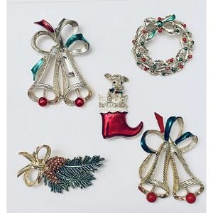 Vintage Gerry's Brooch Enamel Christmas Pins Lot of 5 Bells Wreath Dog Pinecone
